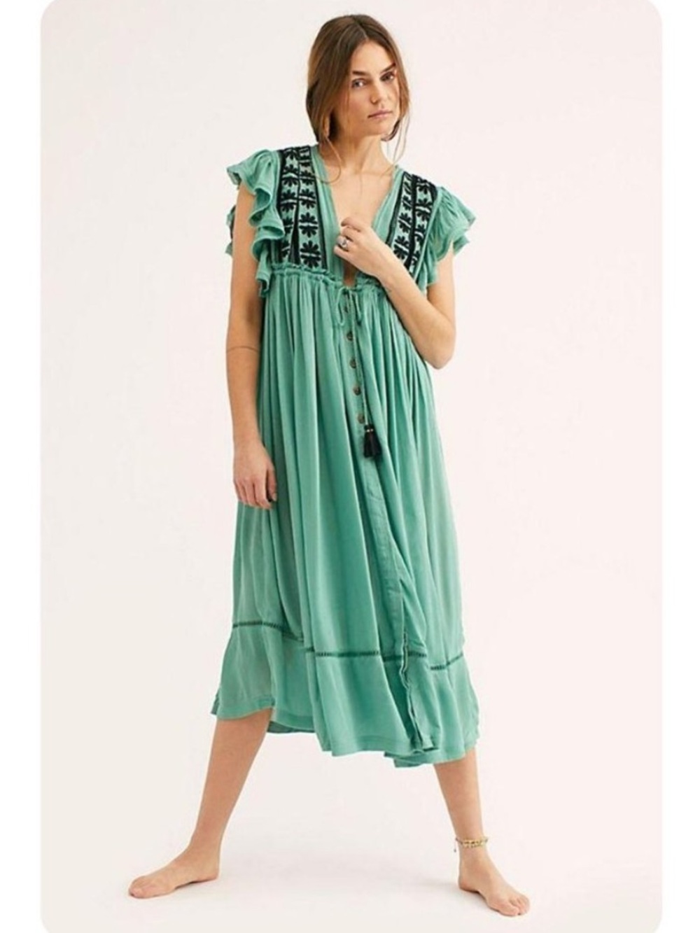 Free People Bali Will Wait for You Green Embroidered Tie-Front Midi Dress Sz XS